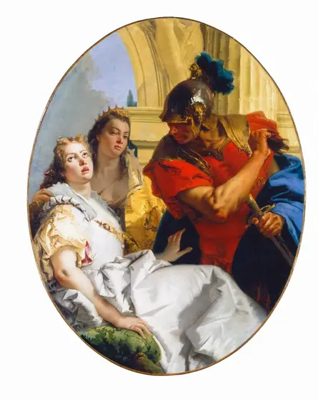 Two women and a man in front of a column and arch nearly fill this vertical, oval painting. The two women have pale skin with round faces, wide-set eyes, and full pink lips.