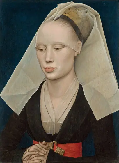 A woman with pale white skin and her blond hair covered by a wide veil is shown from the waist up in this vertical portrait painting.