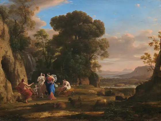 Three women, one man, and a winged child gather near a cave opening within a vast, distant landscape in this horizontal painting. The people are small in scale, taking up the lower left quadrant of the composition, and all have pale skin.