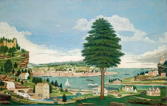 This painting displays an elevated view of a bustling port town. In the center, a tall tree with dense green foliage stands out against a light blue sky with fluffy white clouds.
