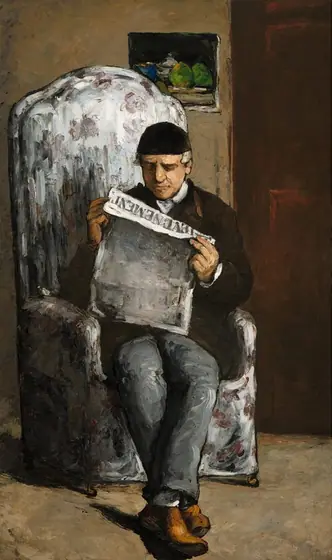 A man sitting in a tall, upholstered armchair reads a newspaper in this vertical portrait painting. The man and the room in which he sits is loosely painted with bold, visible strokes throughout.