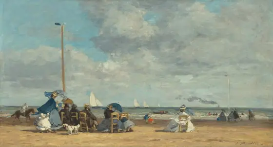 Eight men, women, and children stand or sit in straight-backed, wooden chairs gathered along a sandy beach near low, gently breaking waves with sailboats floating in the ocean beyond in this horizontal landscape painting.