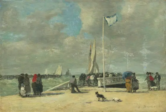 Eleven men, women, and children stand around a freestanding flagpole near a floating dock on a beach in this horizontal landscape painting. The scene is loosely painted, and dozens more people are gathered on the dock.