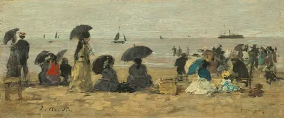A row of about a dozen men and women sit, stand, or stroll along a sandy beach beneath a pale blue sky in this horizontal landscape painting. The scene is loosely painted so many of the facial features and other details are indistinct.