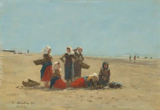This painting depicts a sandy beach under a vast, light blue sky. The horizon is in the center of the painting where the blue sky blends into the blue water.