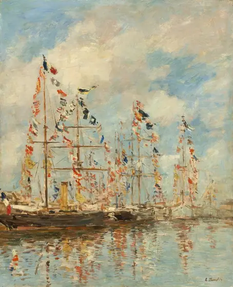 This painting shows a harbor with sailing ships displaying countless colorful flags. The ships stretch across the painting horizontally, floating on clear, reflective water.