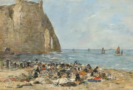 This painting shows a coastal scene with a rocky tan cliff on the left side extending down to the blue sea. The horizon is in the middle of the painting, with a bright, slightly cloudy blue sky above the sea.