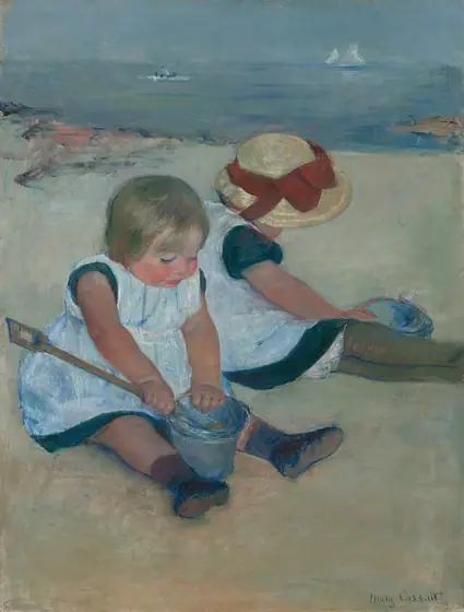 Two pale-skinned little girls sit back-to-back on a sandy beach, almost filling the width of this vertical painting. The girls wear matching pale, ice-blue pinafores over short sleeve, ocean-blue dresses.