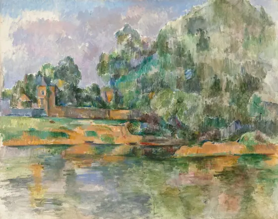 A row of structures and a massive weeping willow tree line the clay-orange riverbank opposite us in this horizontal landscape painting. The scene is painted loosely with long, visible brushstrokes.