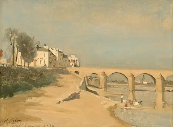 A sand-colored riverbank stretches in front of us to meet an arched bridge that spans a pale blue river to our right in this horizontal landscape painting. The scene is loosely painted so many details are indistinct.