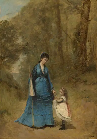 This painting depicts a woman and a child standing in a wooded area. The woman holds a closed parasol in one hand and reaches down towards the child with the other.