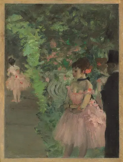We look slightly down onto a loosely painted scene with three ballerinas in rose-pink costumes and one man, wearing a black suit and top hat, against a backdrop made up of dabs and strokes of lime, mint, and pine green in this vertical…