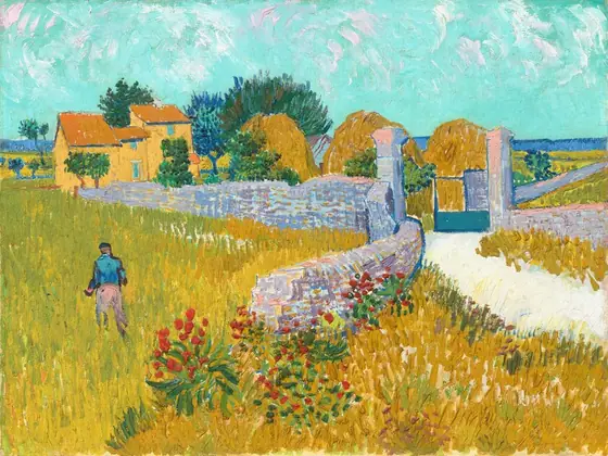 A white path and gray stone wall wind through ochre and harvest-yellow fields beneath a brilliant, turquoise sky in this stylized, horizontal landscape painting. The scene is created with long, visible brushstrokes of vivid color.