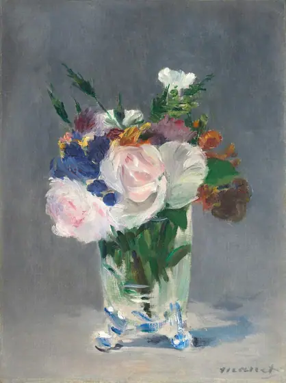 A bouquet of cut flowers in a clear glass vase nearly fills this vertical painting. The vase has straight sides and the rounded bottom is supported by short, round feet.