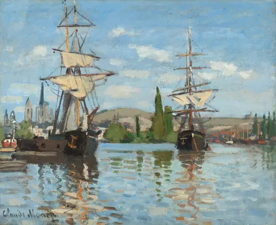 We look across the water at two sailing ships with cream-white sails and dark rigging floating in a shimmering, ice-blue river against a distant shore lined with trees, hills, and buildings in this nearly square landscape painting.
