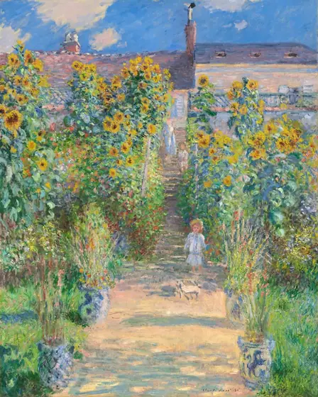 A small child stands facing us on a sun-dappled path that runs up the center of a garden dominated by towering yellow and burnt-orange sunflowers in this loosely painted, vertical scene.