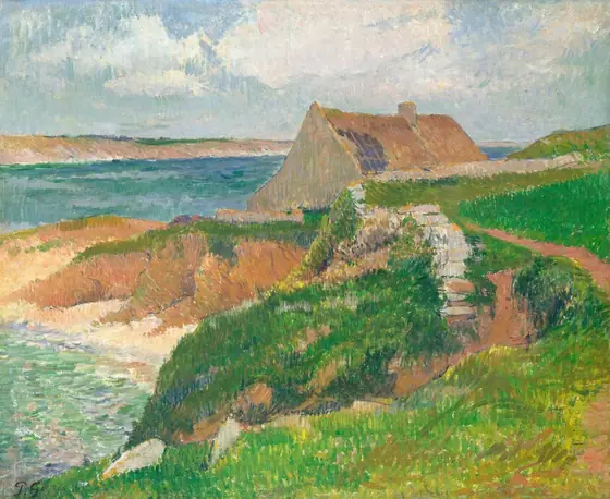 The painting shows a coastal landscape from an elevated point of view. A structure resembling a thatched-roof cottage is on the right, partially obscured by the rolling green hills that take up the bottom right area of the painting.