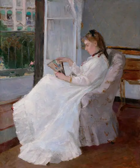 A young woman with pale peach skin and light brown hair sits in profile facing our left in an upholstered chair in this vertical painting. The chair and woman take up most of the composition so seems close to us.