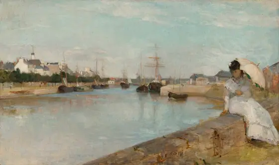 From behind a low stone wall, on which a young woman with pale skin sits, we look across a wide, shimmering blue waterway toward a town along the opposite shore, under a pale blue sky with wispy white clouds in this horizontal landscape…