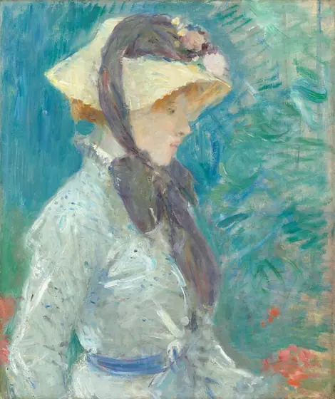 Shown from the waist up, the profile of a pale-skinned woman wearing an ice-blue dress is loosely painted with visible brushstrokes in this vertical portrait.