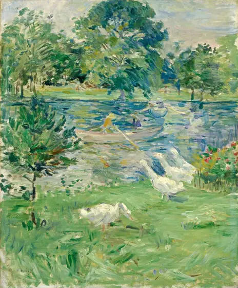 At least one rowboat occupied by two people floats on a lake, which is surrounded by lush green vegetation in this vertical landscape painting.