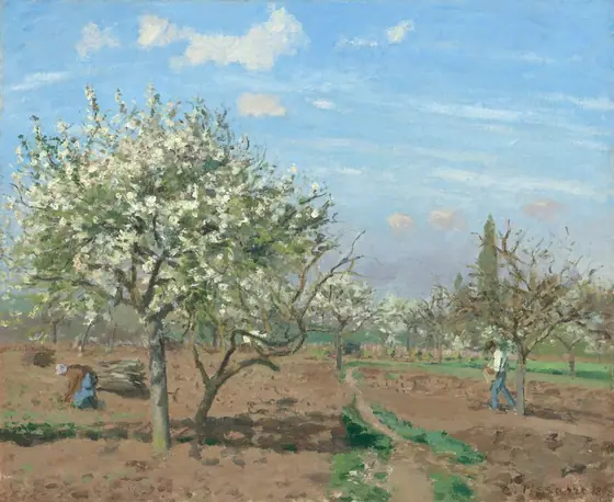 A tree with emerald-green leaves and laden with white blossoms grows in a dirt field, and is silhouetted against a vibrant blue sky in this horizontal landscape painting. The scene is loosely painted with visible dabs and strokes.