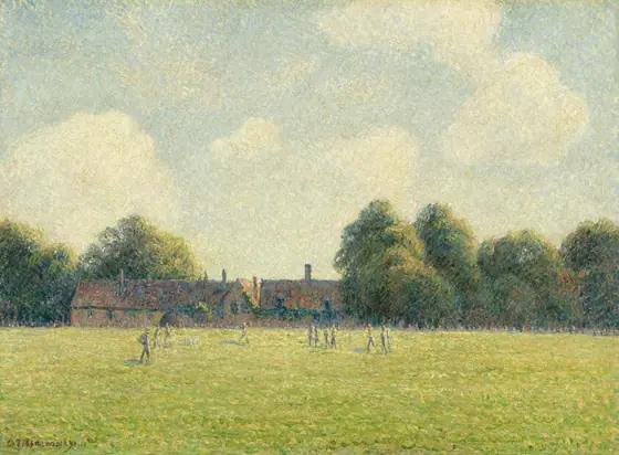 This painting depicts a game being played on a grassy field. The game is taking place in the central green lawn, with buildings in the distance surrounded by trees.