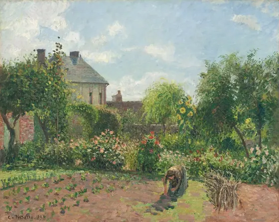 A woman bends double to tend a garden that stretches before us in front of two houses in this horizontal landscape painting.
