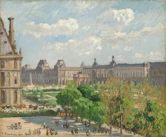 We look down onto a plaza with a sliver of a tall building rising along the left edge of the painting, a row of verdant, green trees to our right, and a row of buildings enclosing the space in the distance in this nearly square landscape…