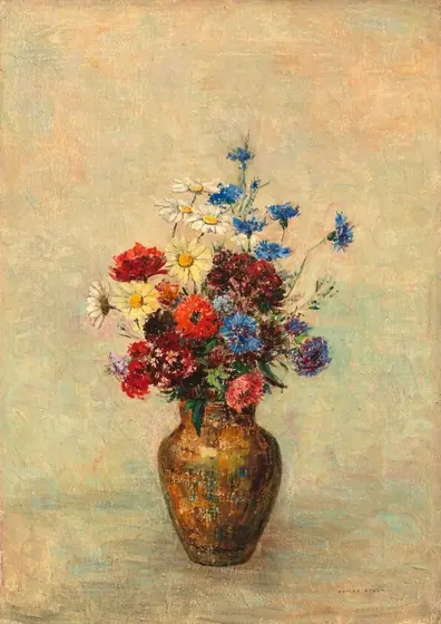 The painting shows a large bronze vase filled with a bouquet of wildflowers, including white daisies, light blue cornflowers, and bright red poppies and roses.
