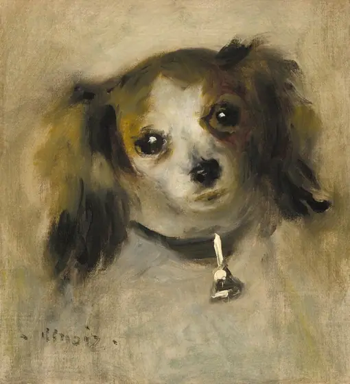 The head and floppy ears of a dog with a delicate muzzle are loosely painted in this vertical portrait. The dog’s head is cocked to our left, and it looks at us with large, glistening black eyes.