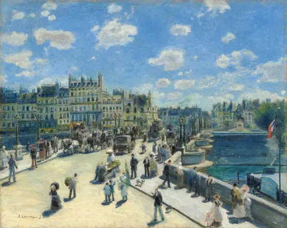 We look down on a few dozen people walking along the sidewalks of a wide, sunlit bridge in this almost square painting. The scene is loosely painted, which gives it a hazy, sun-dappled look and makes some details indistinct.