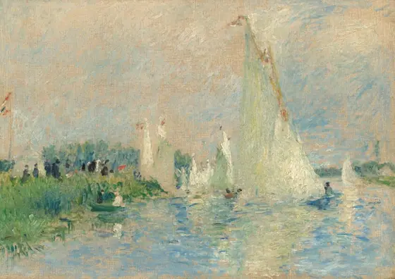 Sailboats line a grassy riverbank in this loosely painted horizontal landscape. Vivid blue water stretches before us to meet a verdant bank along the left third of the horizon, which comes less than halfway up the composition.