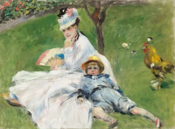 We look slightly down onto a woman and a young boy, both with pale skin, sitting together on a grassy lawn with a chicken standing nearby in this horizontal painting. The scene is loosely painted with visible brushstrokes throughout.