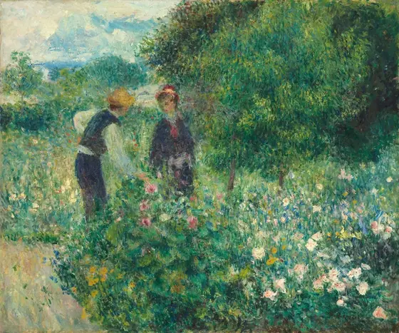 A light-skinned man and woman stand looking at each other, surrounded by blooming flowers and lush green trees in this square landscape painting.