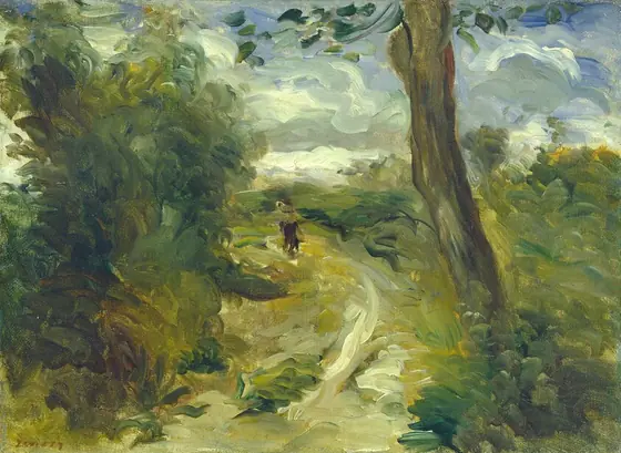 This horizontal landscape is painted with broad, visible strokes in shades of laurel, fern, and pine green, dark yellow, and ash brown.