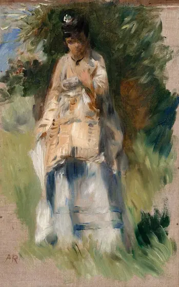 This painting shows a woman standing, her left arm raised to her chest. She has dark hair in an updo and adorned with a white accessory, and wears a dress in shades of blue, white, and tan. She has a black necklace around her neck.