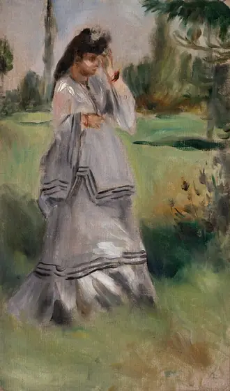 This painting shows a woman standing, facing the right, her head slightly angled downward. She has pale skin and dark hair and is wearing a long, pale, blue-gray dress with wide sleeves adorned with black stripes.