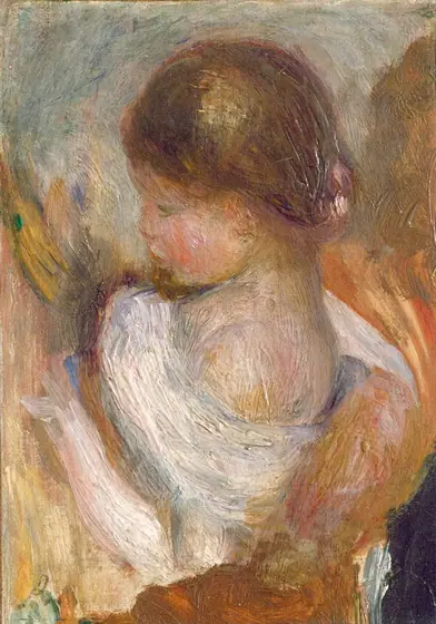 This painting displays a side profile of a young child, with their head turned to the left. The child has soft facial features, pale skin, rosy cheeks, and light brown hair styled in a bun.