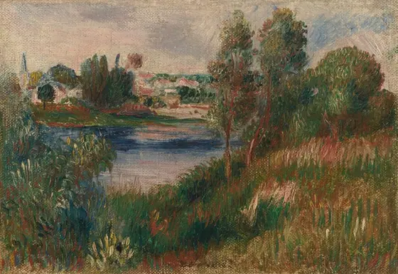 Tall grasses lead back to a body of water and then perhaps a town in this loosely painted, horizontal landscape.
