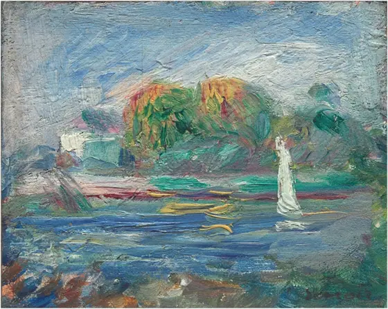 Jewel-toned blue, red, yellow, green, and pearl white brushstrokes swirl and stretch in this loosely painted horizontal landscape painting.