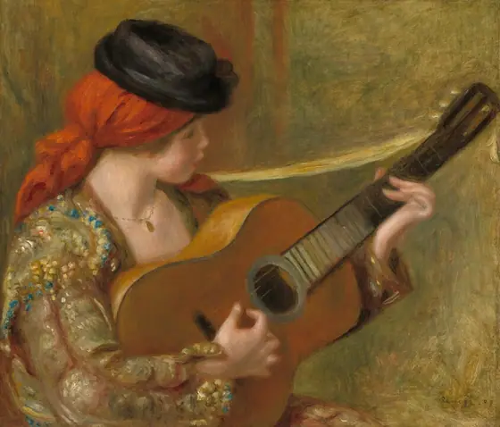 A young woman with pale, peachy skin and flushed cheeks sits facing our right in profile as she plays a guitar in this horizontal painting.