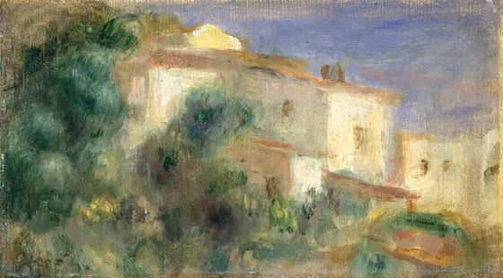 This painting depicts a while villa partially hidden by greenery. The villa has several buildings on different levels with small windows and reddish-brown roofs. The brushstrokes are loose and broad, giving the image a blurred effect.