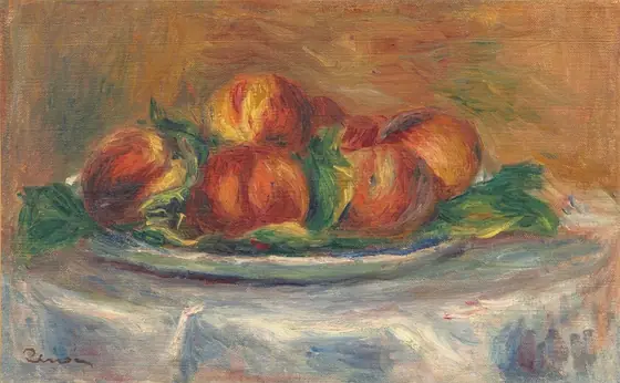 In this painting, a collection of large, ripe peaches sits on a light green plate with a white rim. The peaches are painted in shades of orange, yellow, and red, with some areas of dark red and black.