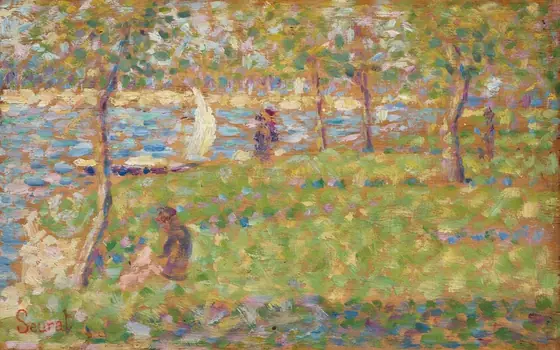 This horizontal landscape is painted with dots and dashes in fresh green, shimmering blue, amethyst purple, shell pink, pale yellow, and cream white against the brown wood of the panel, which is visible throughout.