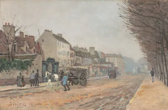 People and a horse-drawn wagon move along a street lined with buildings on the left and trees on the right in this loosely painted horizontal landscape. The wide street angles from the bottom left of the composition to the middle right.