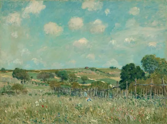 Painted in mostly in jewel tones of topaz and aquamarine blue, and sage, spring, and pine green, a meadow is enclosed by a wooden fence, against a landscape of gently rolling hills under a vibrant sky in this horizontal painting.