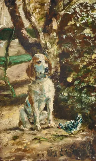 A white dog spotted with caramel-brown and with long, floppy ears sits in a garden setting near a green park bench in this loosely painted vertical portrait.