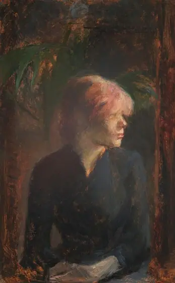 Shown from the waist up, a woman with light, peachy-yellow skin sits with her body facing us as she looks over her shoulder to our right in this loosely painted, vertical portrait.