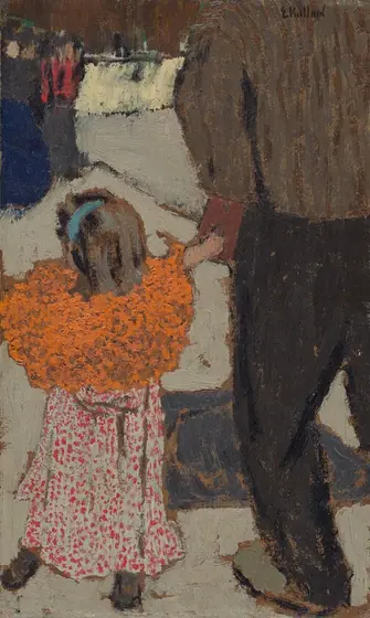 A child and man stand facing away from us in this vertical painting. The scene is painted with visible dabs, stipples, and strokes of paint, and many details, especially in the distance, are indistinct.